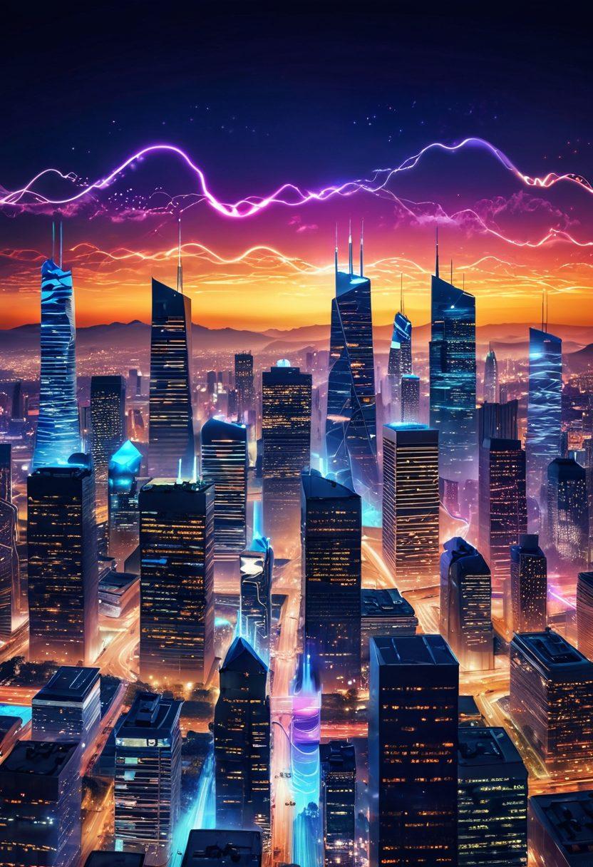 A futuristic city skyline illuminated by glowing network symbols and dynamic energy waves, symbolizing the transformative power of STATCOM technology. In the foreground, diverse individuals are engaging and connecting happily, representing the joy and impact of networking. The sky is vibrant with electrical motifs and abstract shapes, embodying transformation. super-realistic. vibrant colors. dynamic composition.