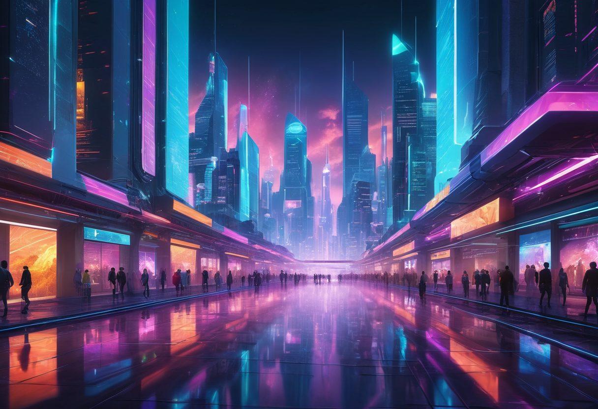 A futuristic landscape featuring sleek, high-tech synchronous static compensators illuminating a vibrant digital cityscape. People engage in seamless communication, represented by glowing data streams and holographic displays. The atmosphere is dynamic, showcasing the balance between technology and human interaction. Include elements of joy and connectivity with bright colors and modern architecture. cyberpunk. vibrant colors. 3D.